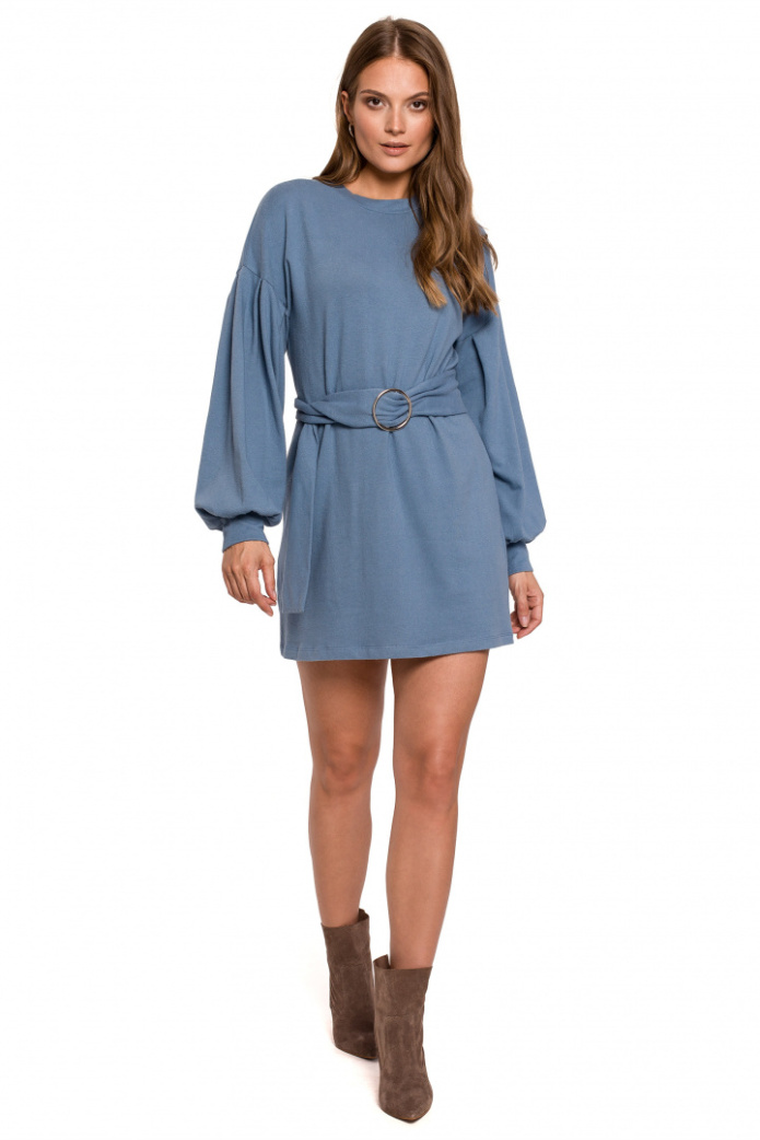 Sukienka Mini - Swetrowa Z Paskiem Długi Rękaw Bawełniana - niebieska